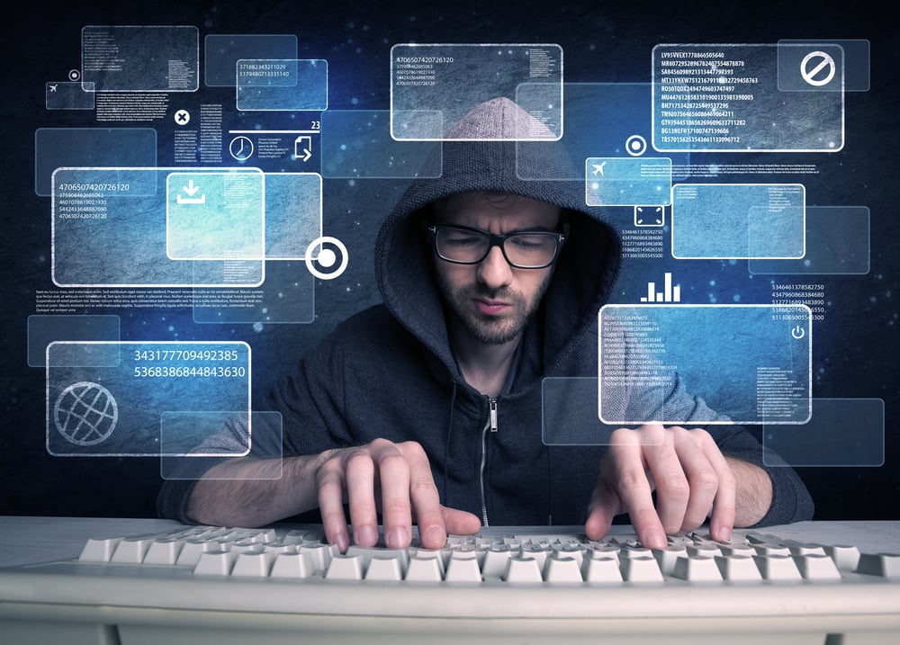 A confident young hacker working hard on solving online password codes concept with a computer keyboard and illustrated digital screen, numbers in the background-2