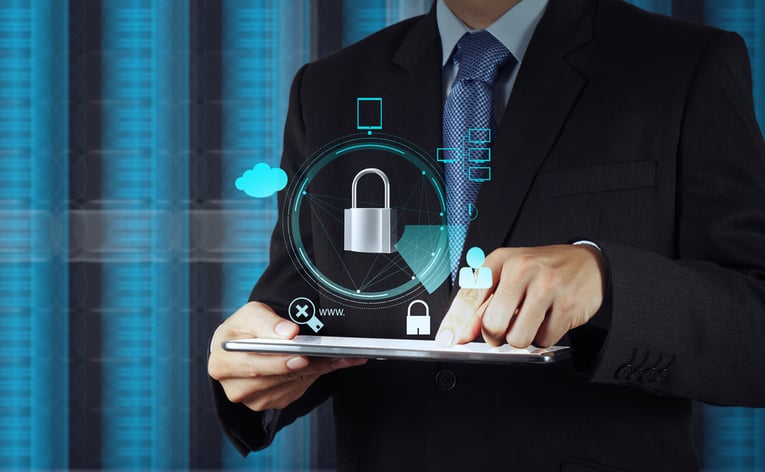 businessman hand pointing to padlock on touch screen computer as Internet security online business concept-4