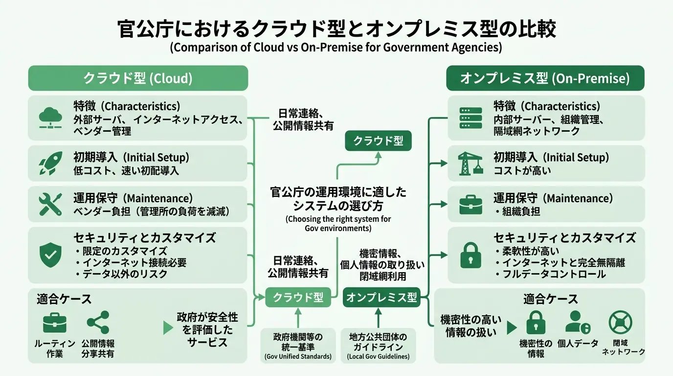 クラウド型とオンプレミス型の比較｜官公庁はどちらを選ぶべきか