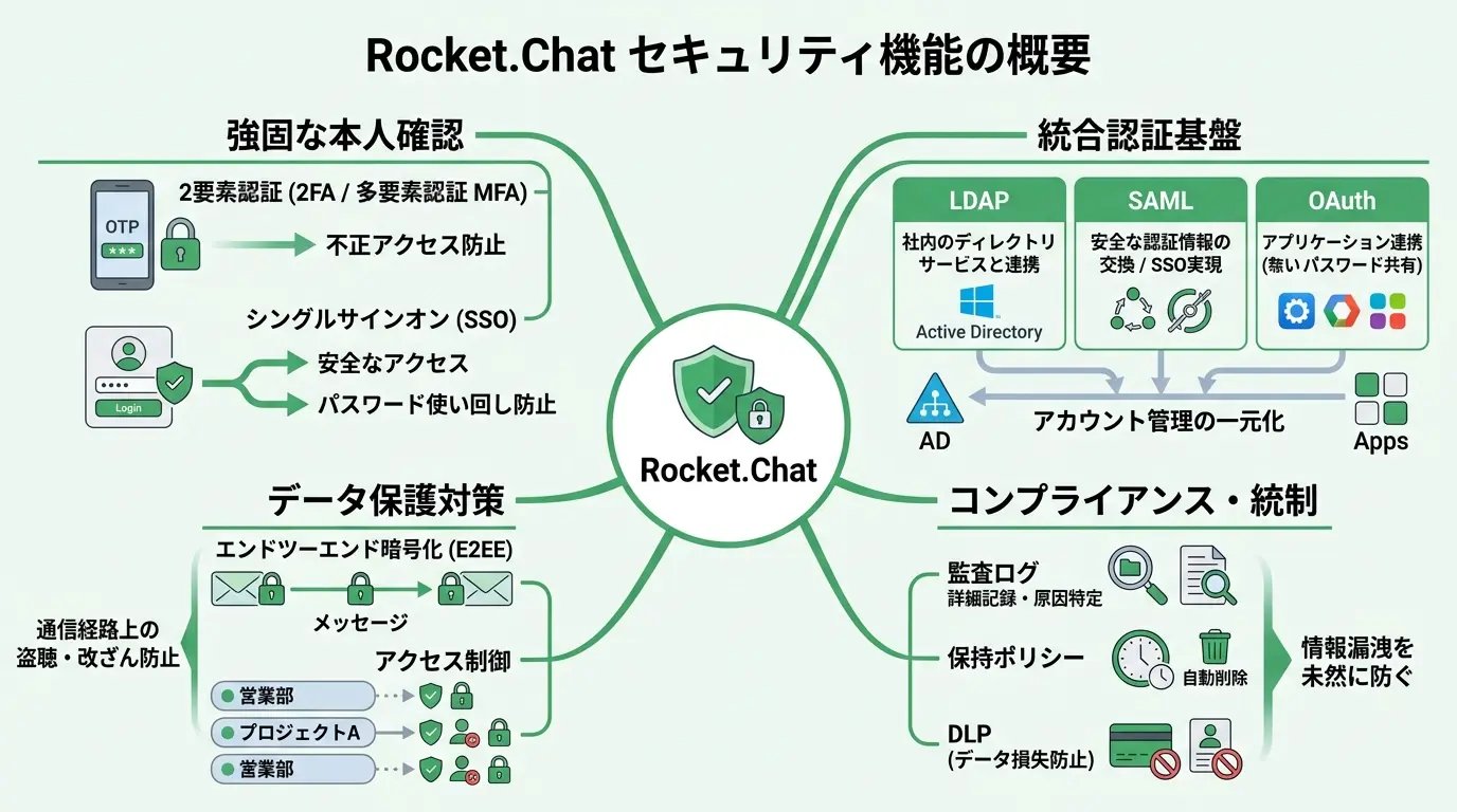 Rocket.Chatはどのようなセキュリティ機能に対応しているのか？