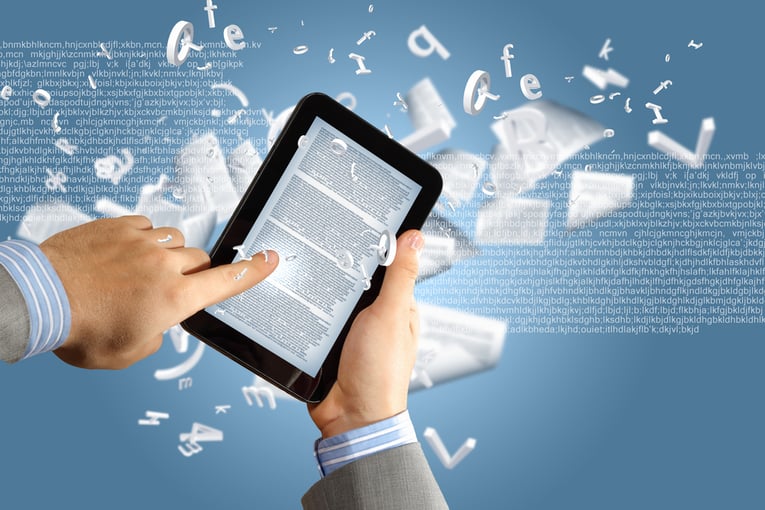 the library in the e-book concept with text pages flying out of a e-reader